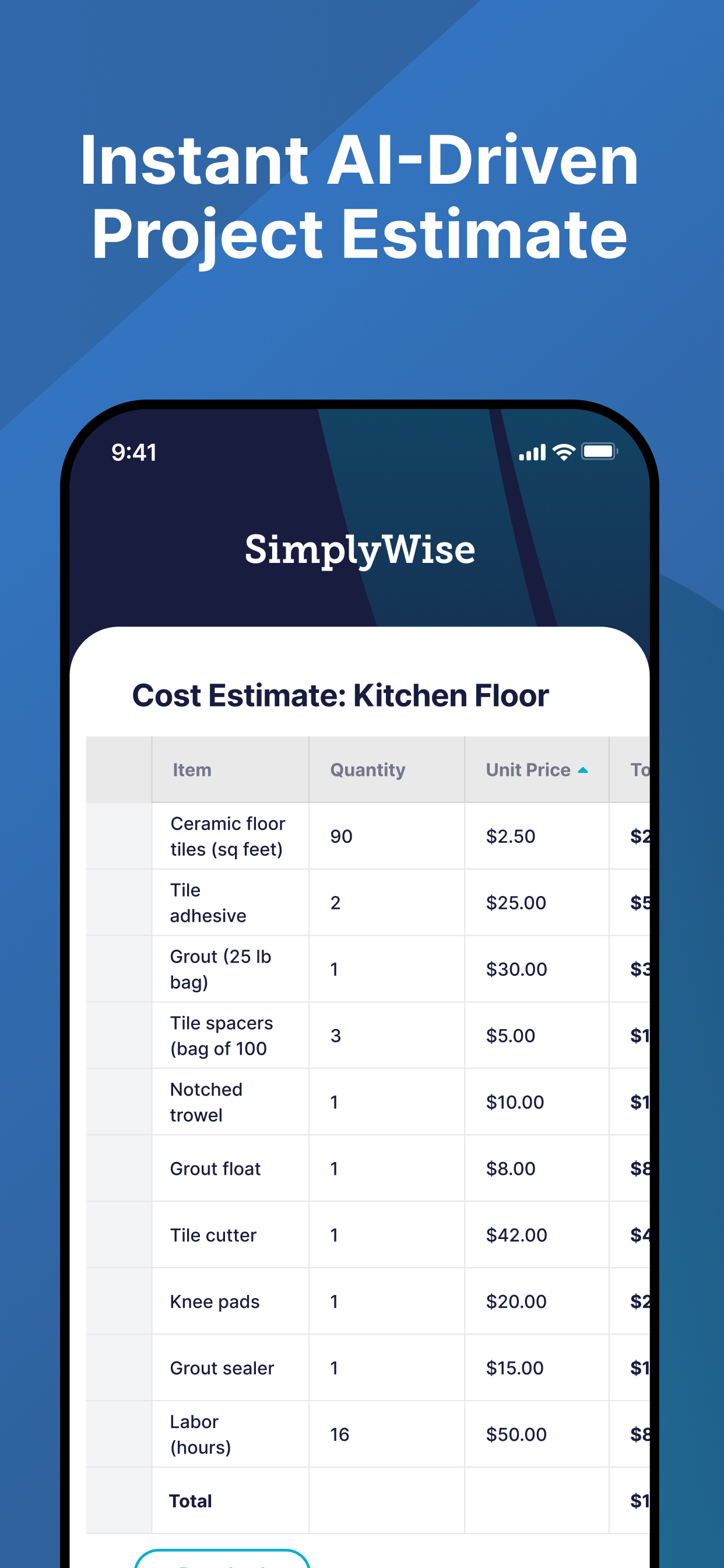 SimplyWise Cost Estimator APK screenshot